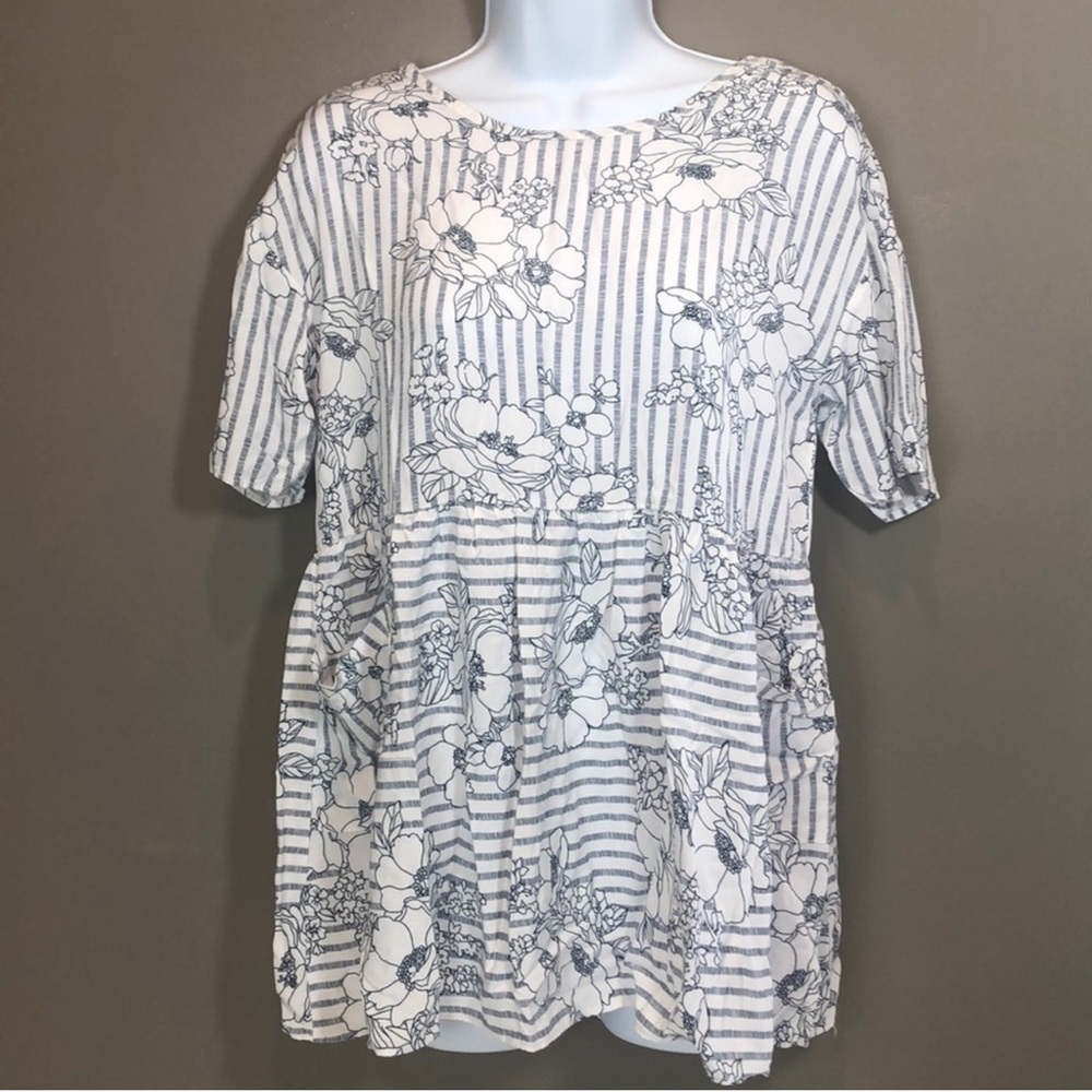 Sweet Claire Baby Doll Floral Blouse Striped Women's Top Small